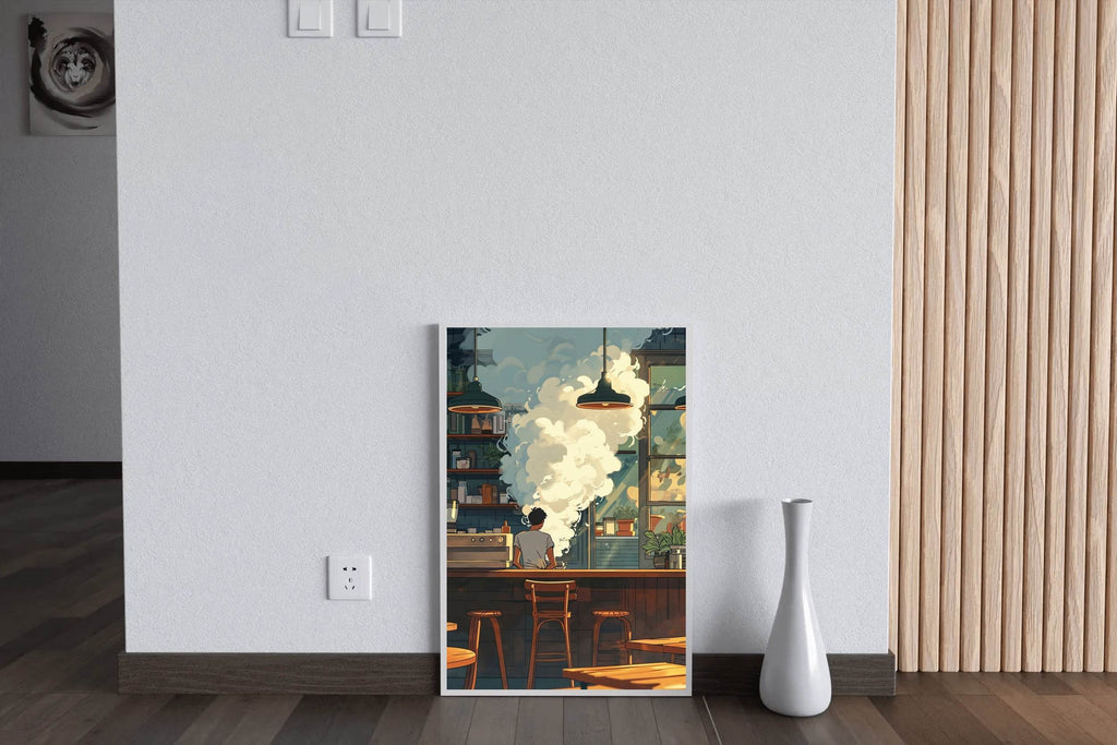 Cartoon Steam With Man in Coffee shop Anime Wall Art - beink online art store