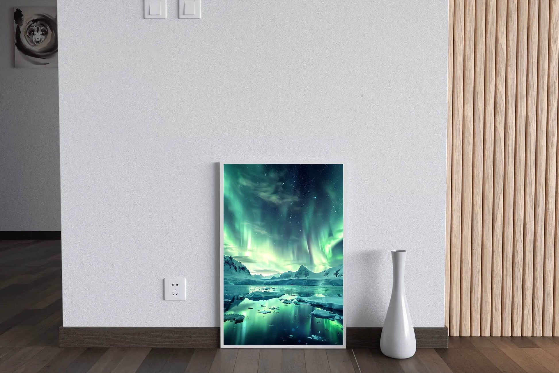 Green Northern Lights in the Sky Over Ice and Snow From lake Wall Art - beink online art store