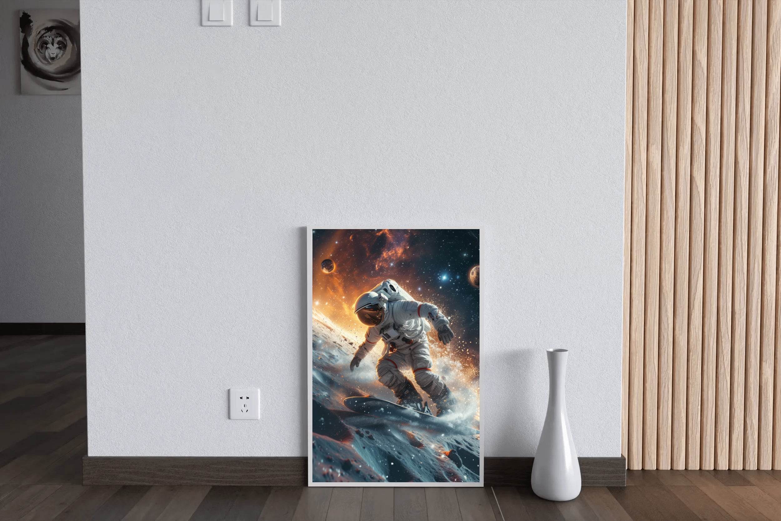 astronauts surfing on a surfboard in space with stars on planet Wall Art - beink online art store