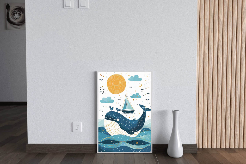 Painting of Blue Whale and a Boat in the Oean - beink online art store