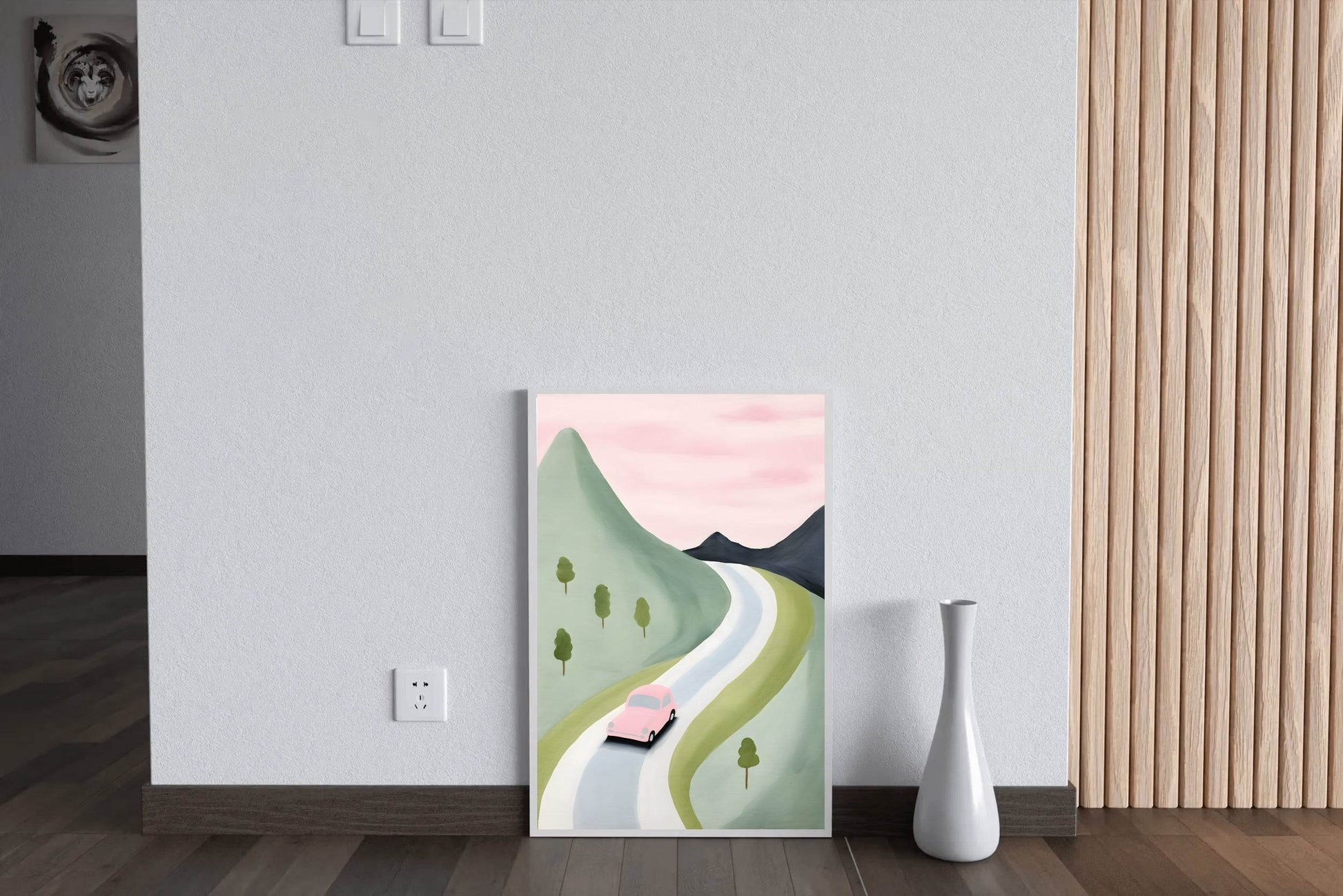 Watercolor Drawing of a Pink Car in the Mountains - beink online art store