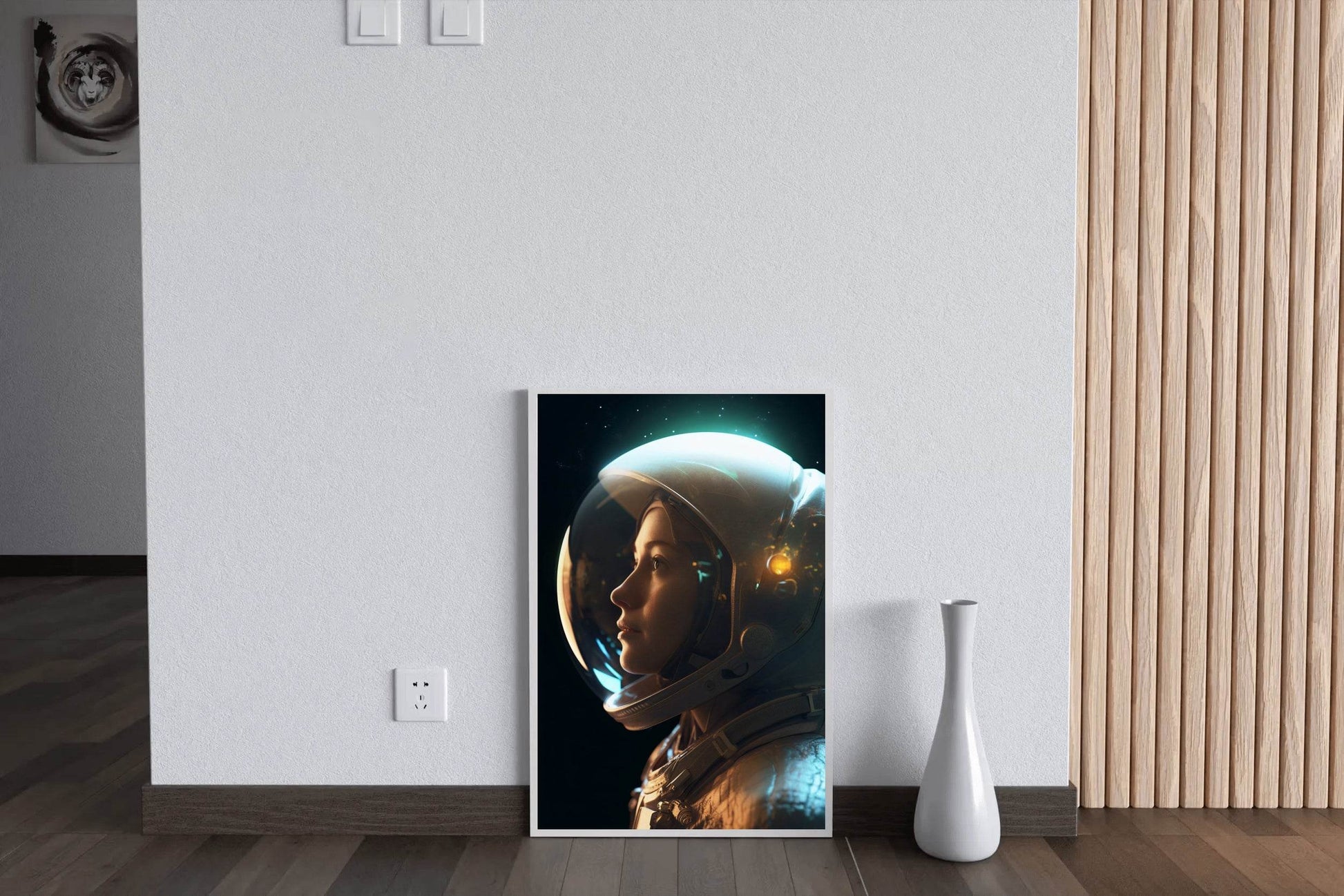 Side view female astronaut wearing spacesuit in space - beink online art store