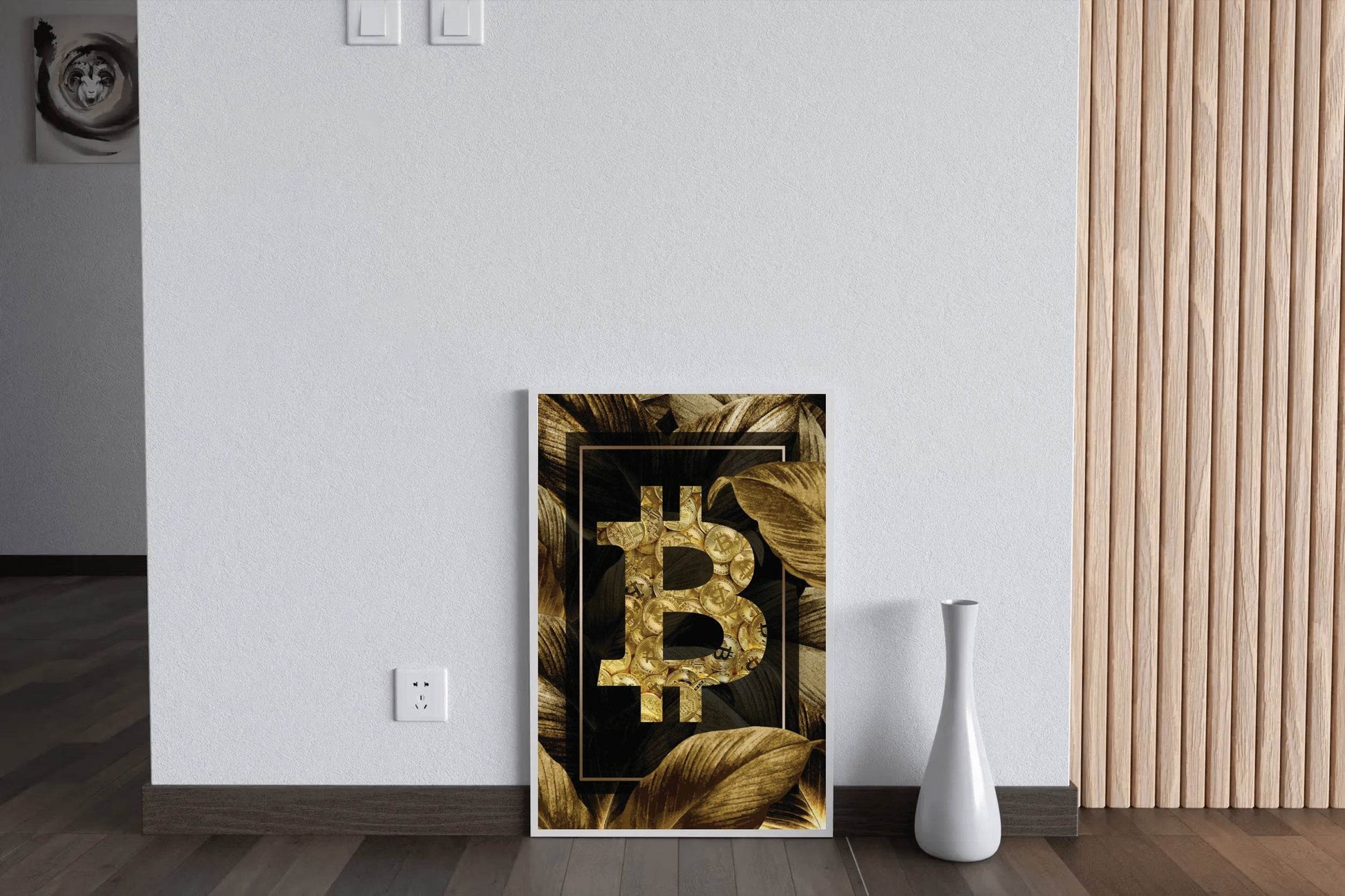 Bitcoin Logo with Gold Leaves Background Wall Art - beink online art store