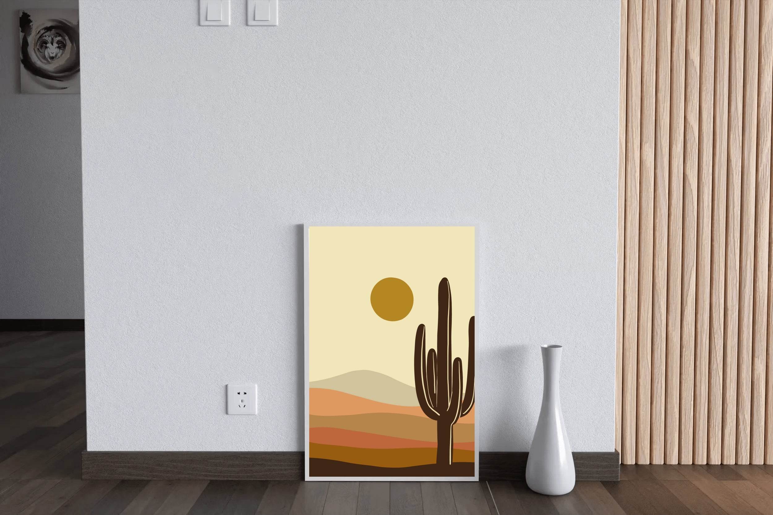 Stylized Desert Landscape with Cactus and Sun ArtWork - beink online art store