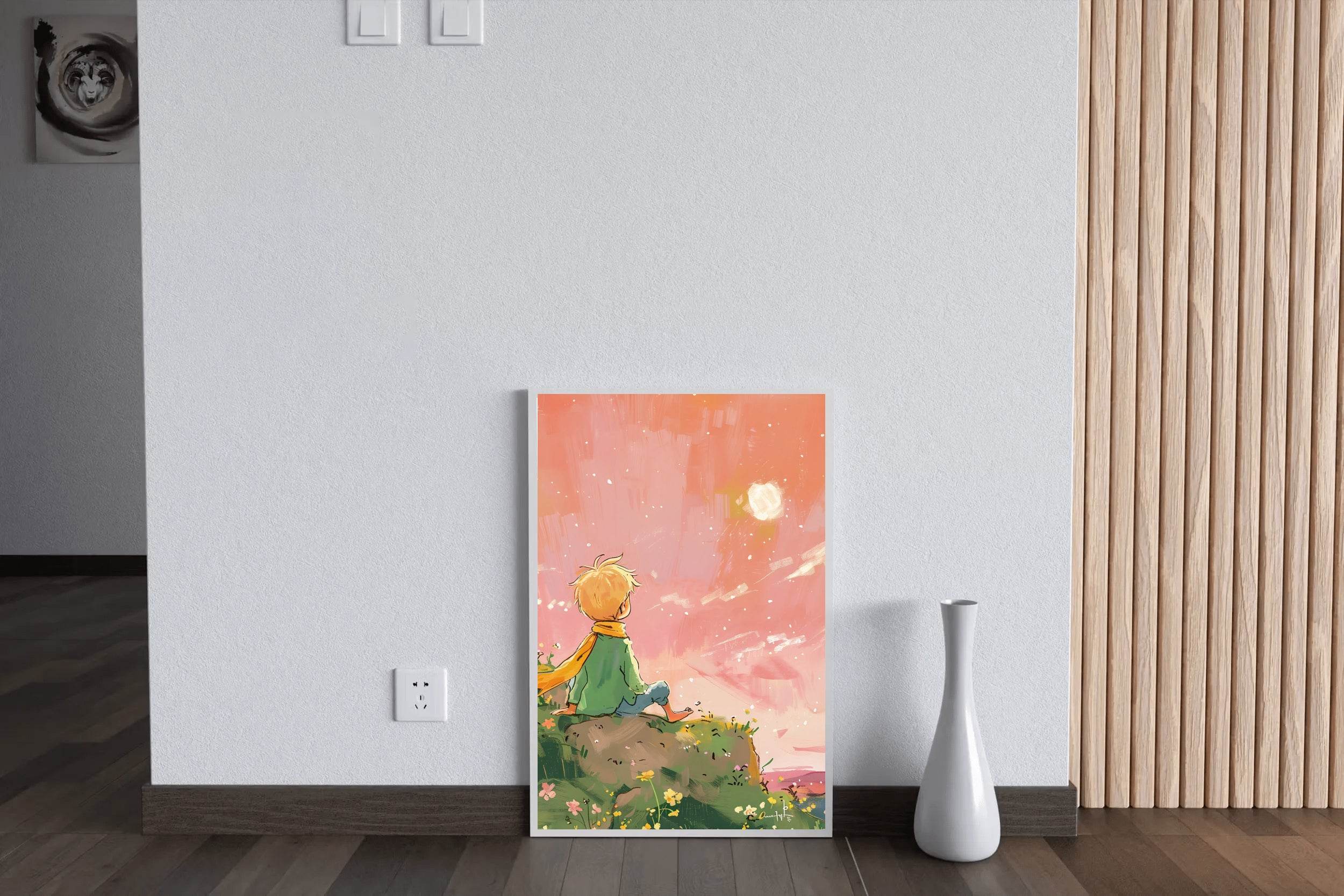 Cartoonish Painting of Little Boy Watching Sun - beink online art store