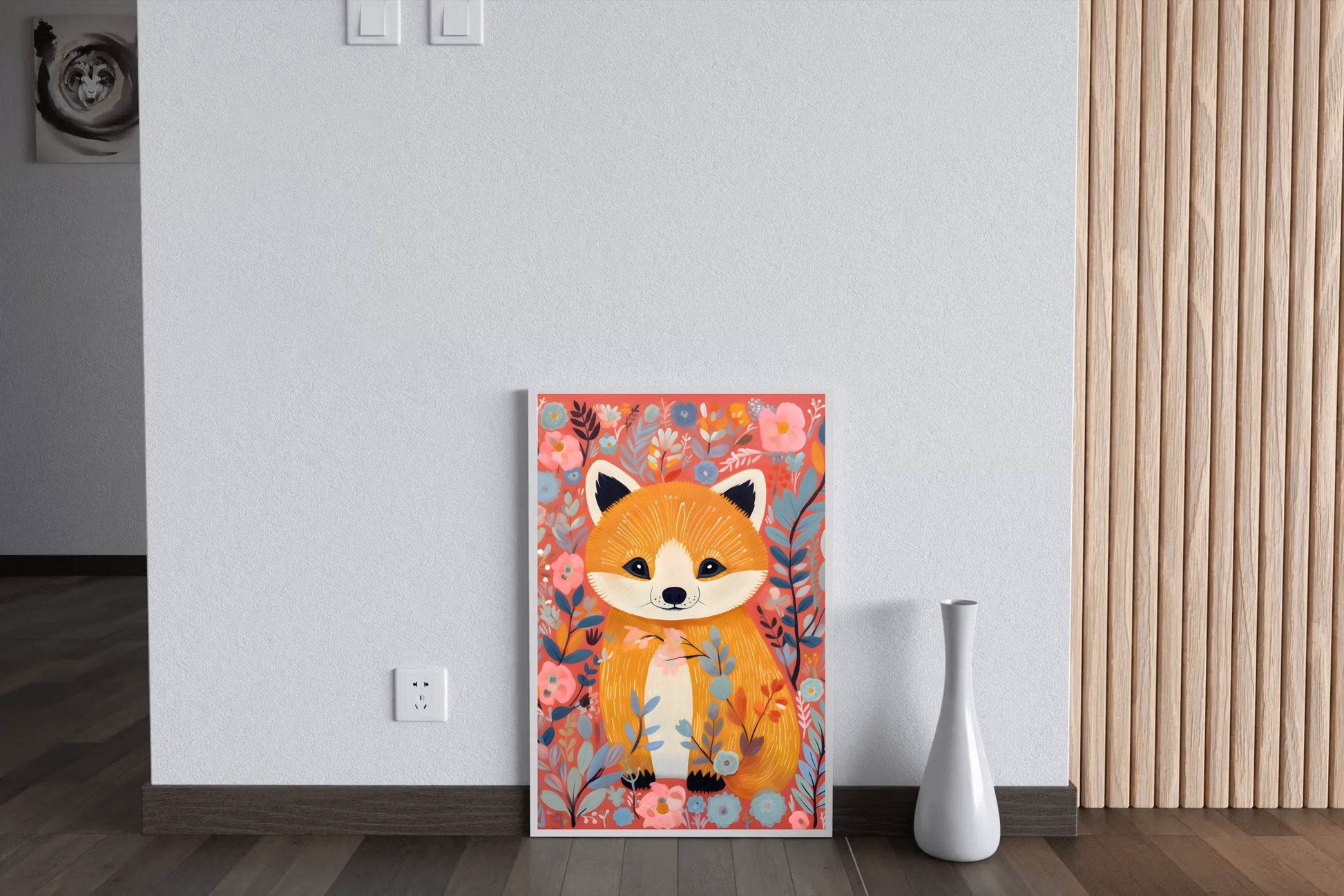 Drawing of Little Fox Sitting in the Flowers - beink online art store