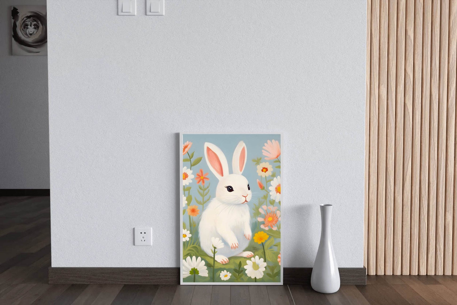 White Bunny Sitting Among Flowers - beink online art store