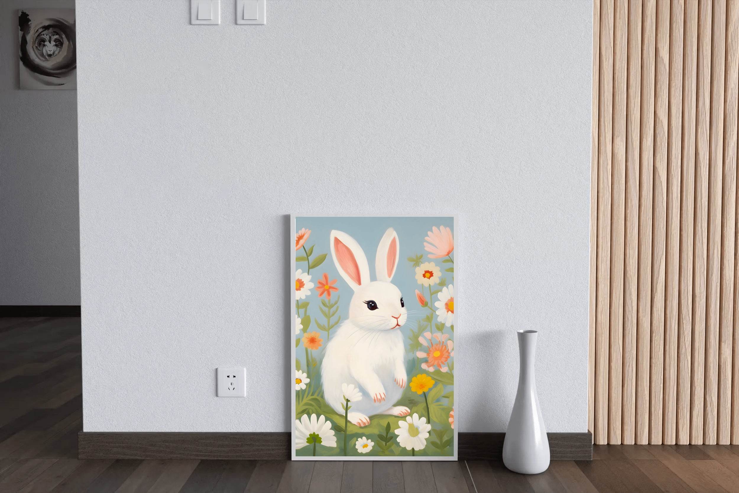 White Bunny Sitting Among Flowers - beink online art store