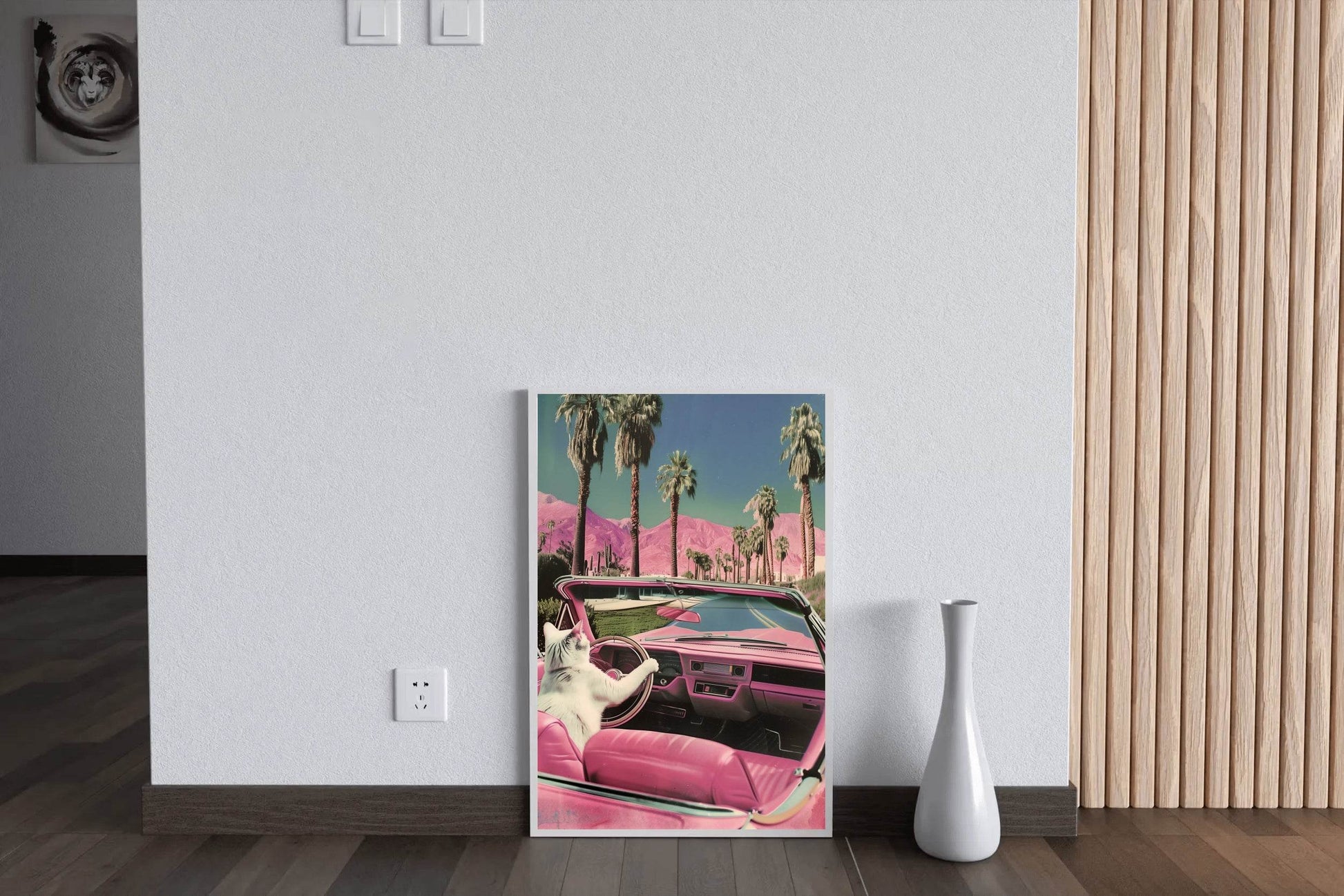 Cat Driving A Pink Car Wall Art - beink online art store