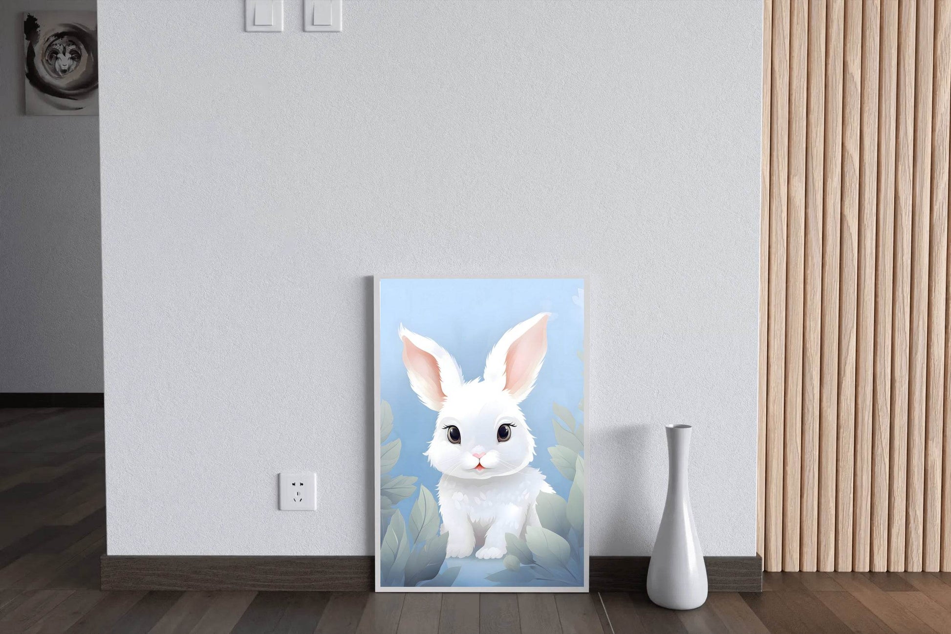 Cute Whit Little Cartoon Bunny Watercolor Painting - beink online art store
