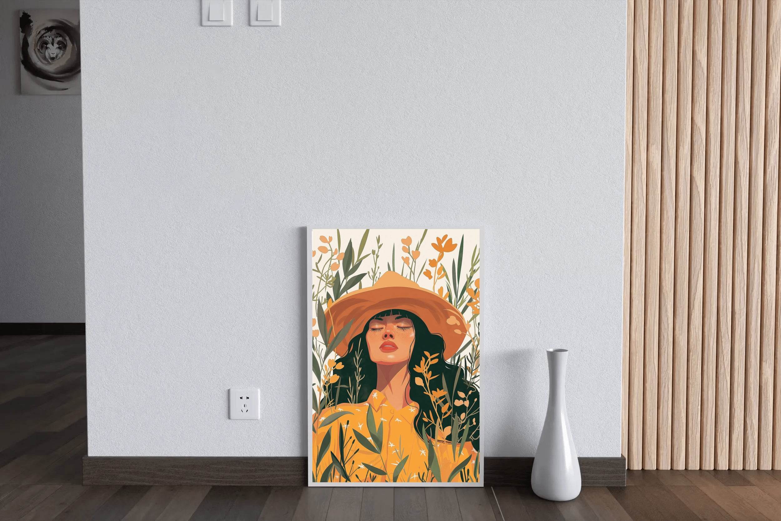 Woman in Yellow Dress and Hat in a Tropical Forest Eyes closed ArtWork - beink online art store