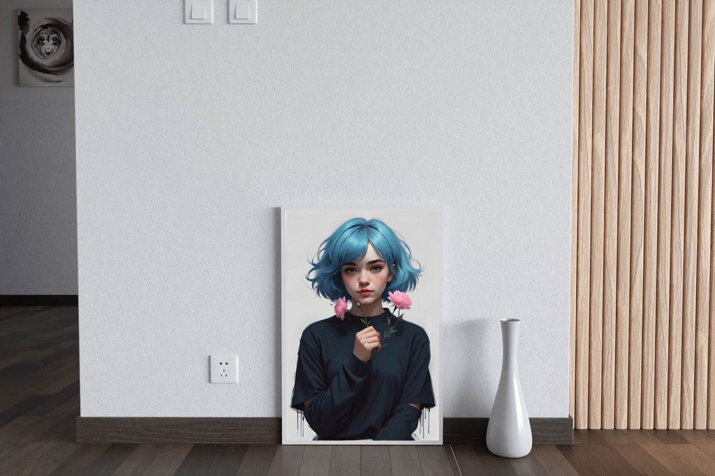 Anime Girl with Blue Hair and Pink flower Wall Art - beink online art store