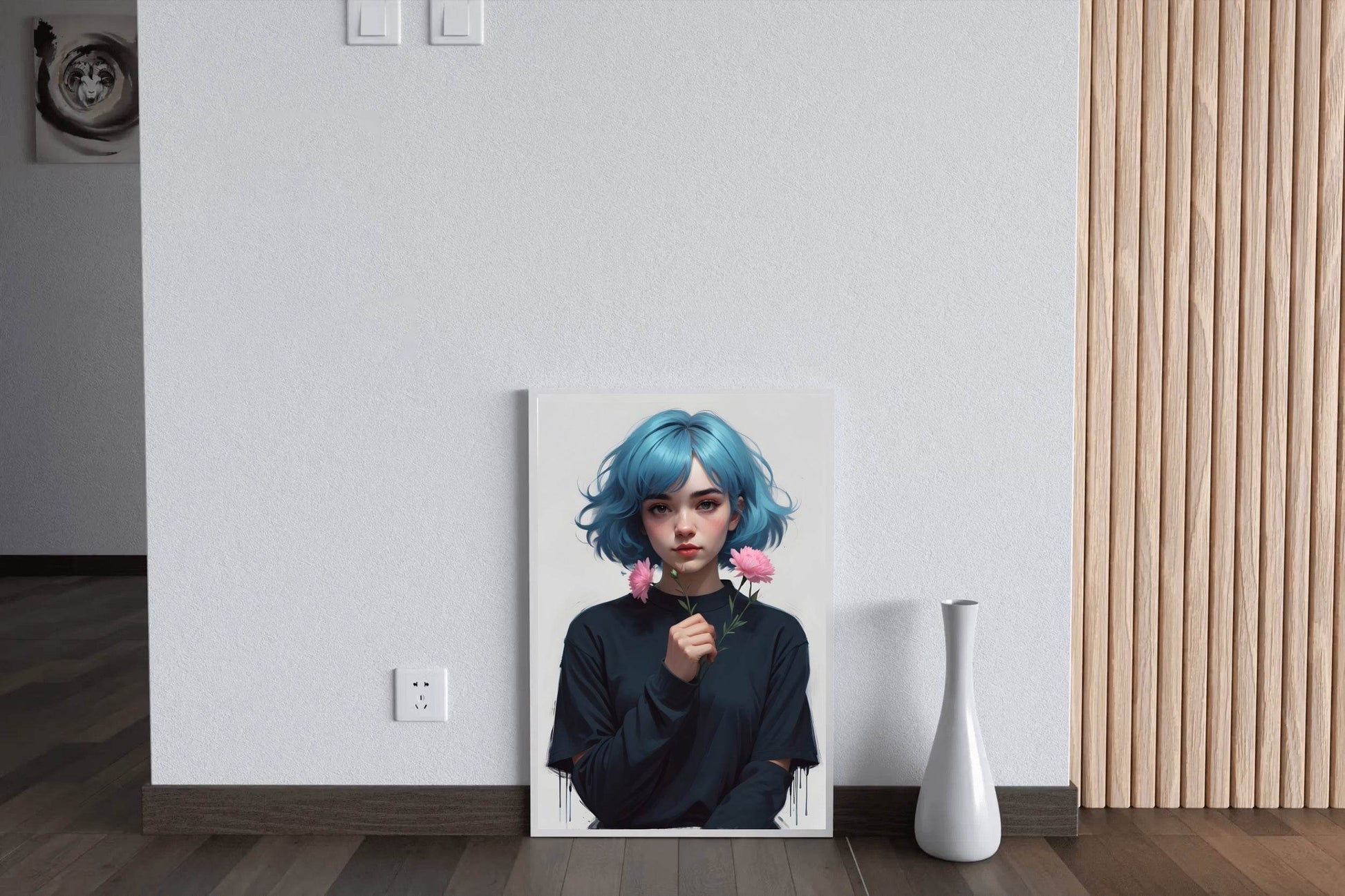 Anime Girl with Blue Hair and Pink flower Wall Art - beink online art store