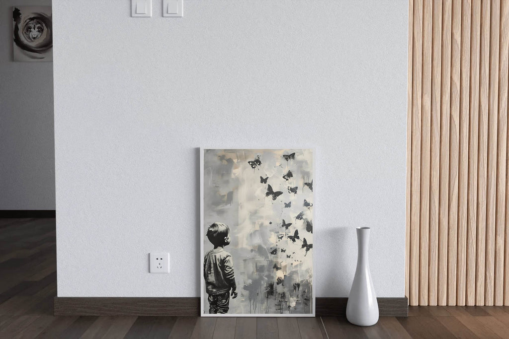 A Kid Watching Butterflies - Childhood Memory Wall Art - beink online art store
