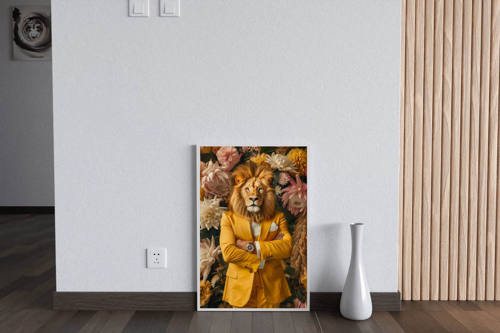 Lion in Yellow Coat With Floral Background - beink online art store