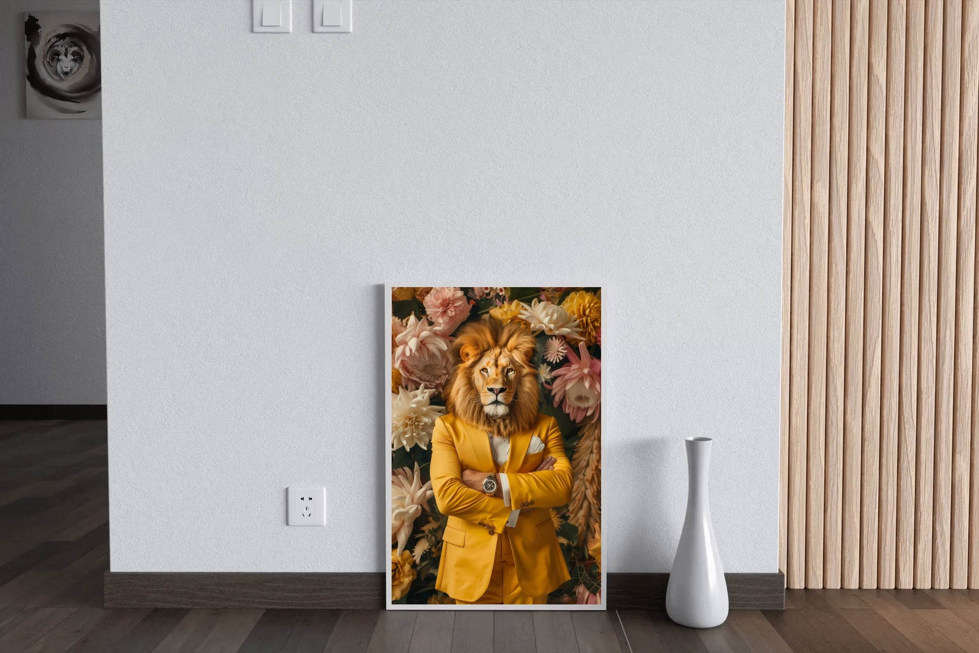 Lion in Yellow Coat With Floral Background - beink online art store