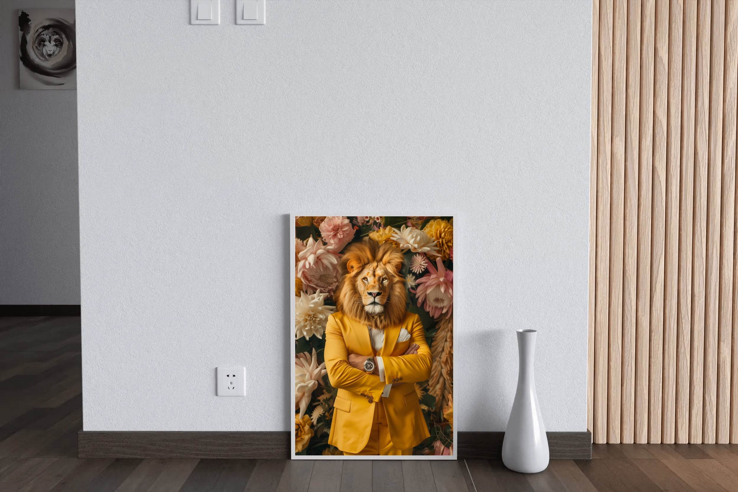 Lion in Yellow Coat With Floral Background - beink online art store