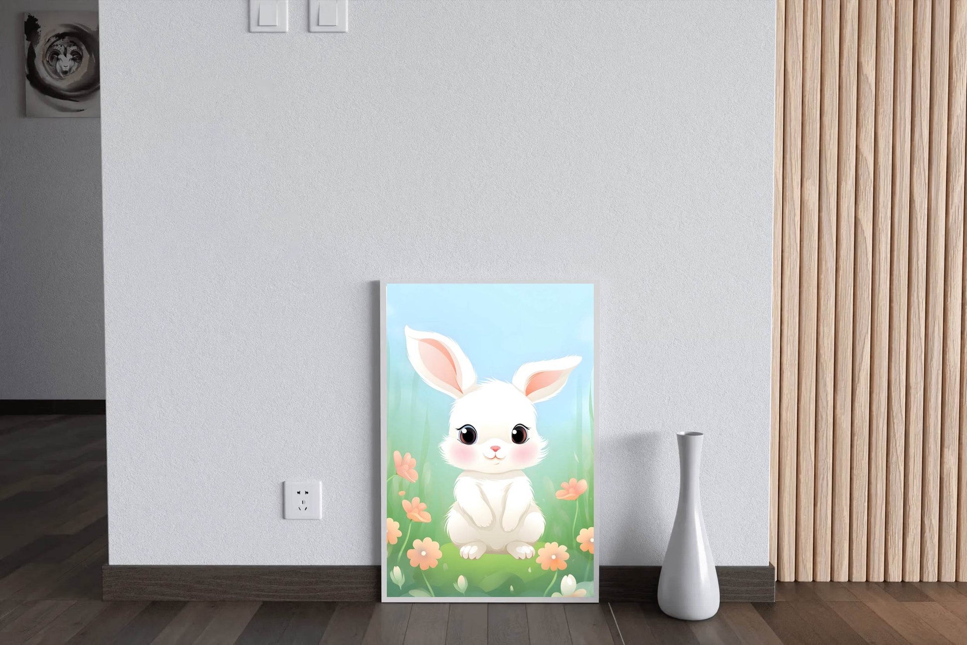 Smiling Cartoonish Bunny in the Garden - beink online art store