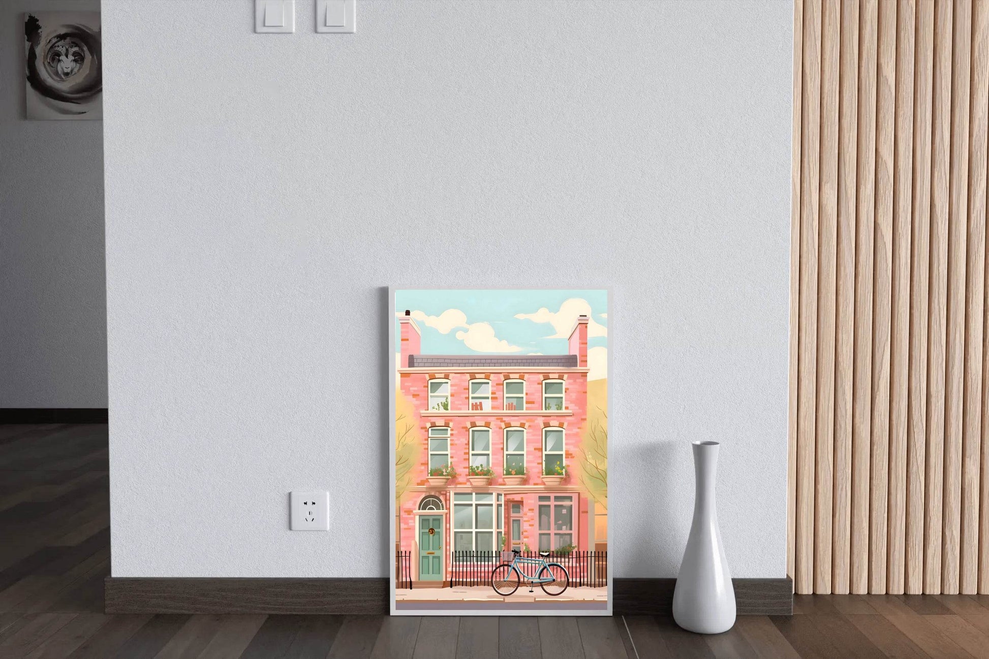 Pink House Painting with Bicycle Wall Art - beink online art store