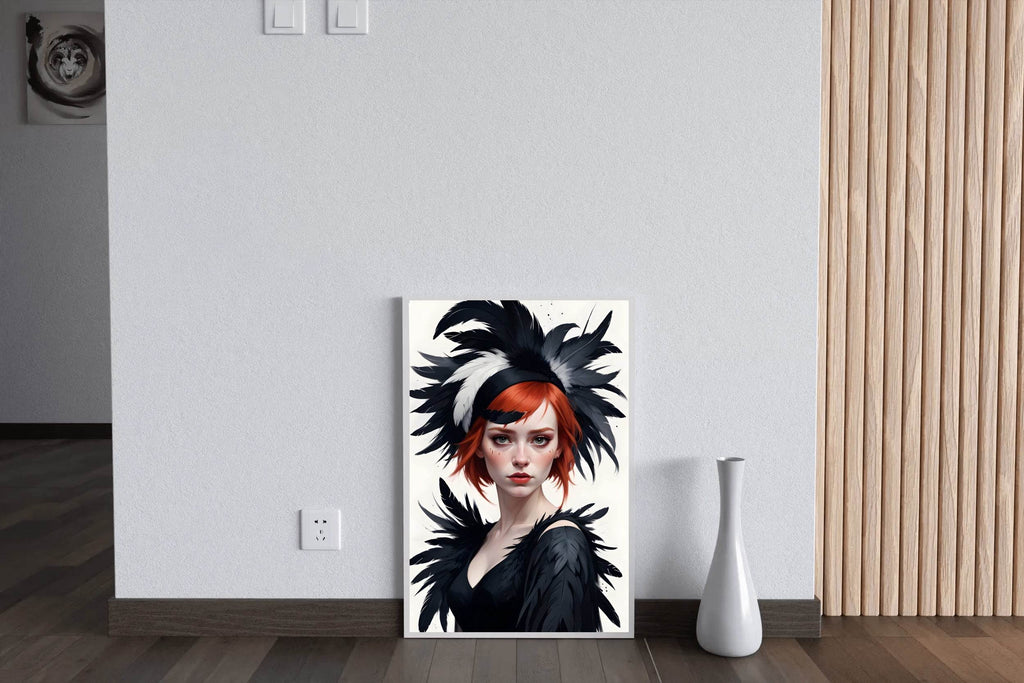 Women Character Red Hair with Black Feather Hat Wall Art - beink online art store