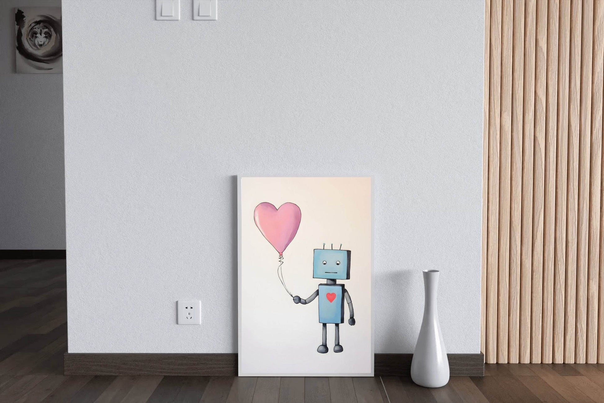 Drawing of Blue Robot Holding Pink Heart - beink online art store