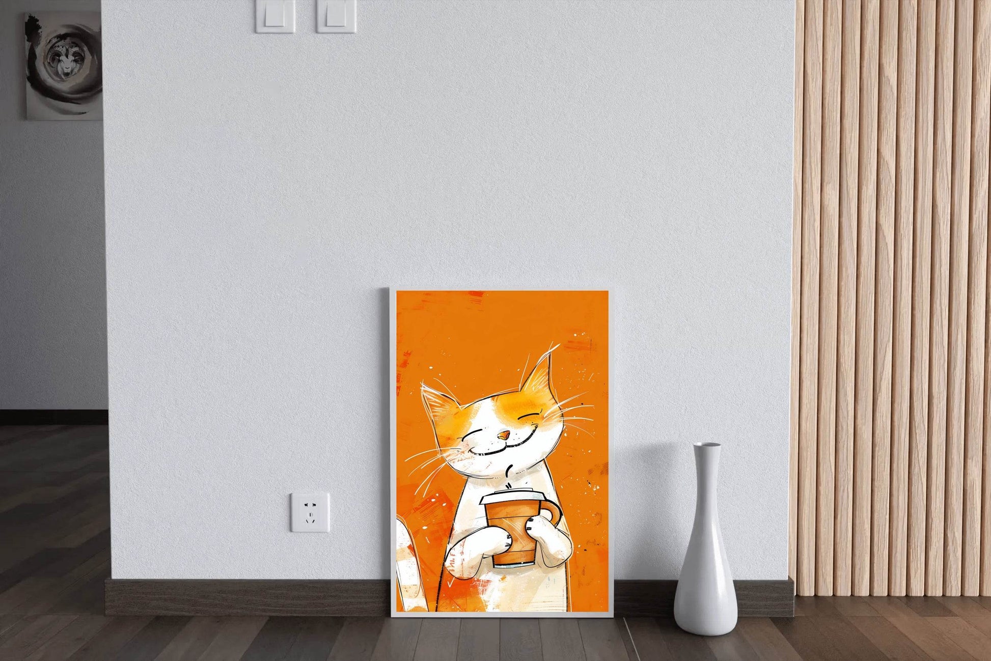 Painting of Cute Smiling Cat Holding Cup - beink online art store