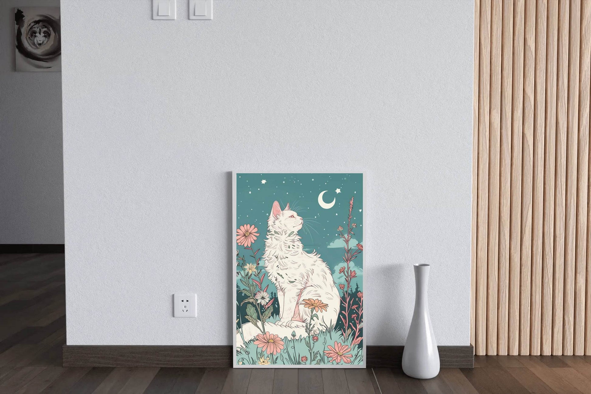 Painting of White Cat Watching the Moon - beink online art store