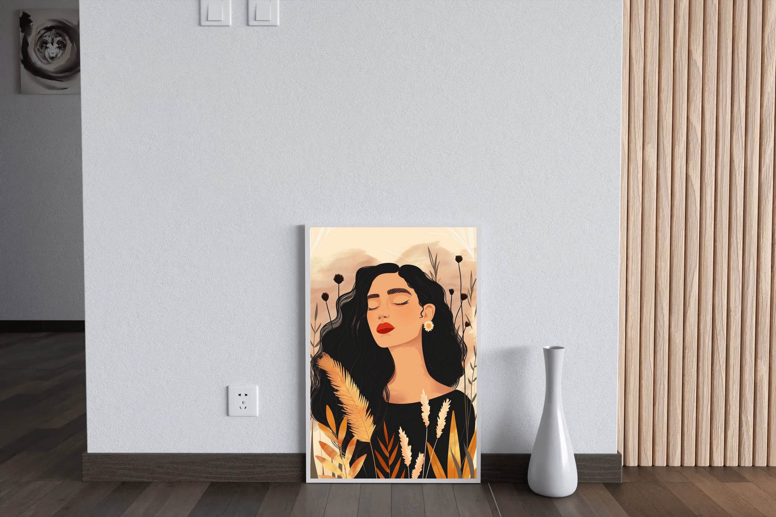 Woman with Curly Hair on Simple Background ArtWork - beink online art store