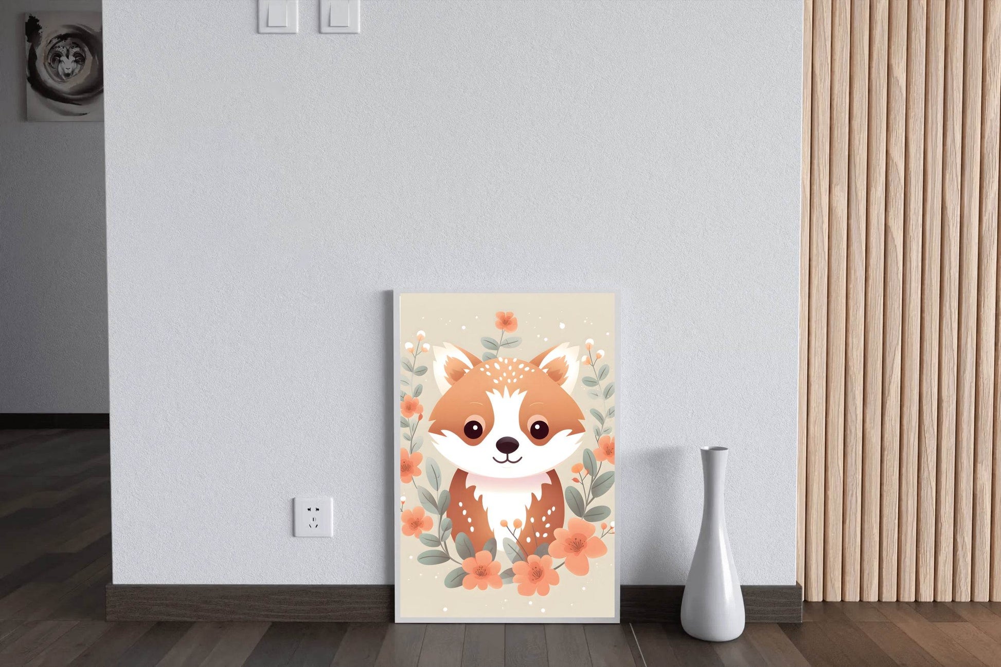 Painting of Cute Little Fox Sitting among Flowers - beink online art store