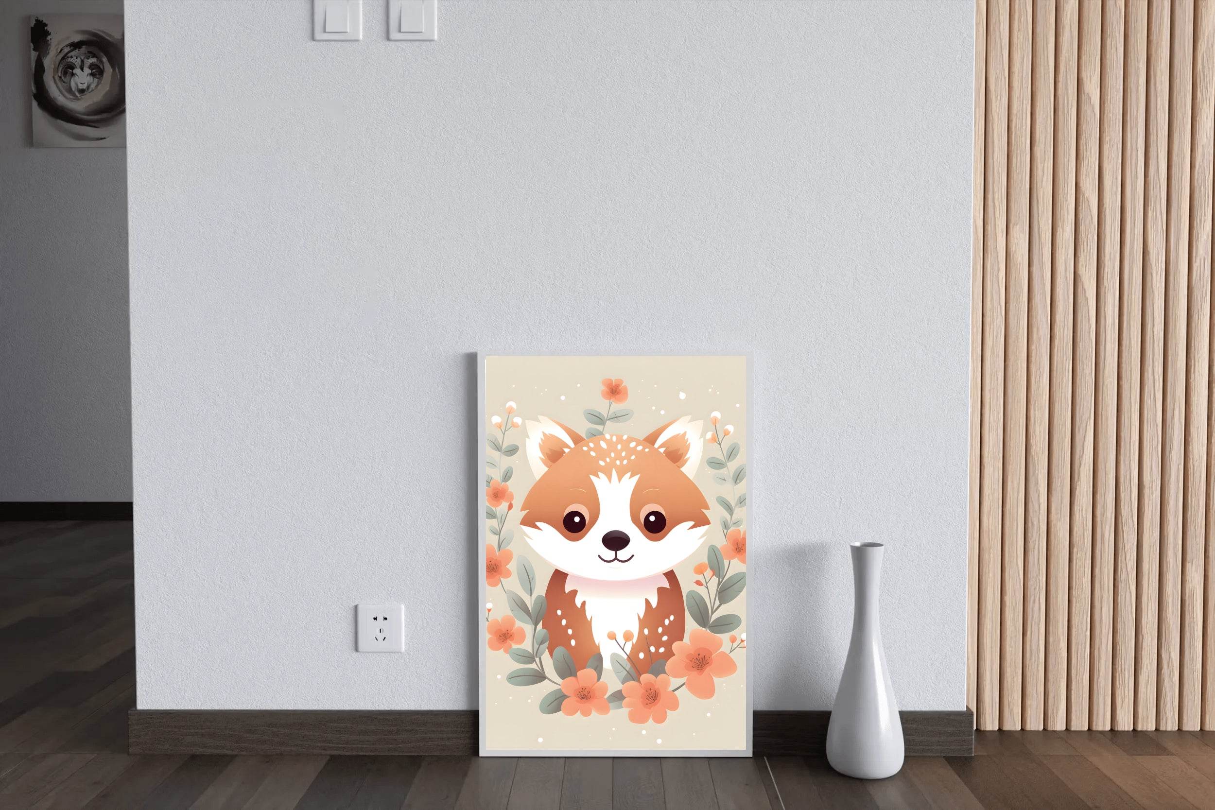 Painting of Cute Little Fox Sitting among Flowers - beink online art store