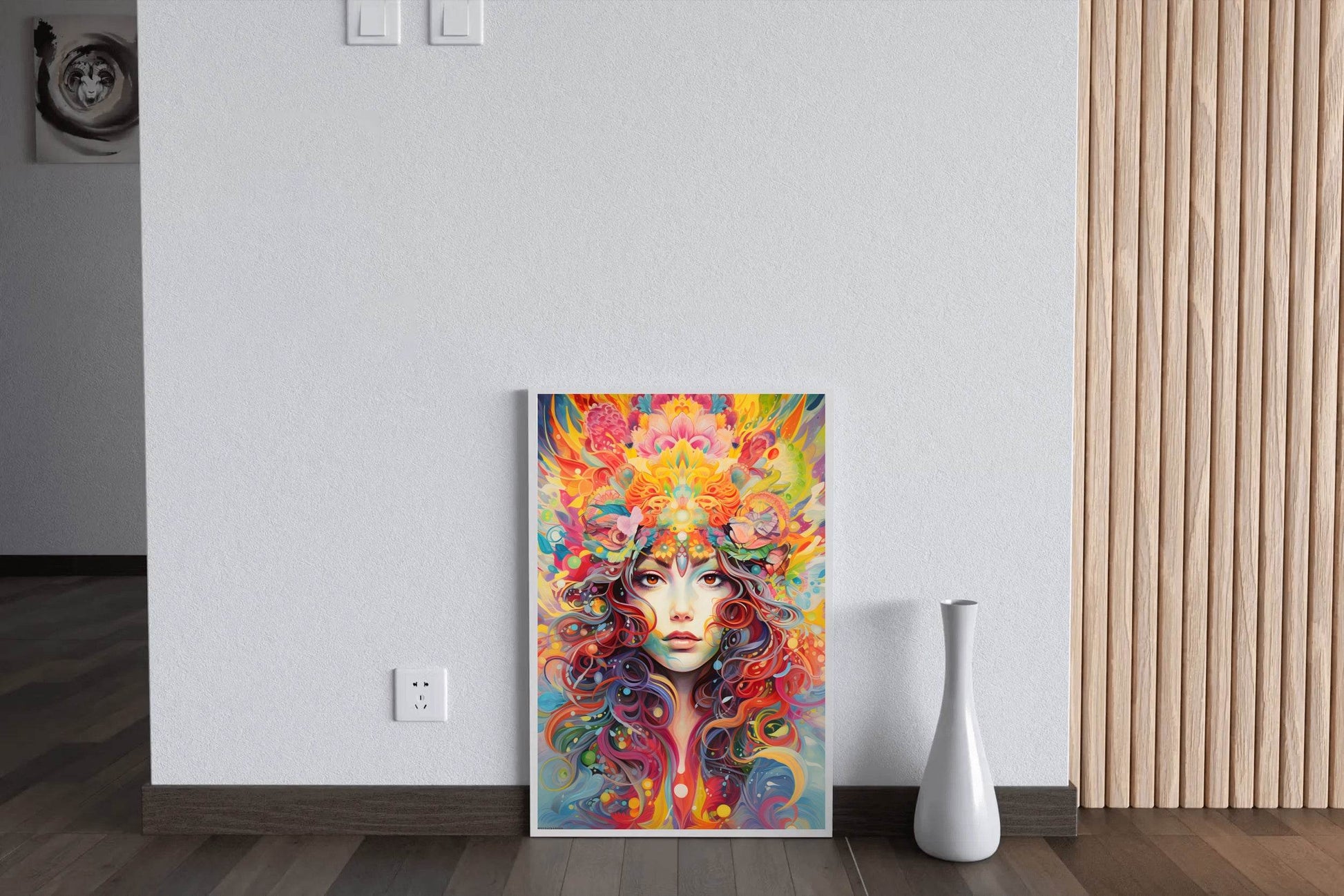 Painting of a Woman with a Colorful Headpiece and Flowers in Her Hair - beink online art store