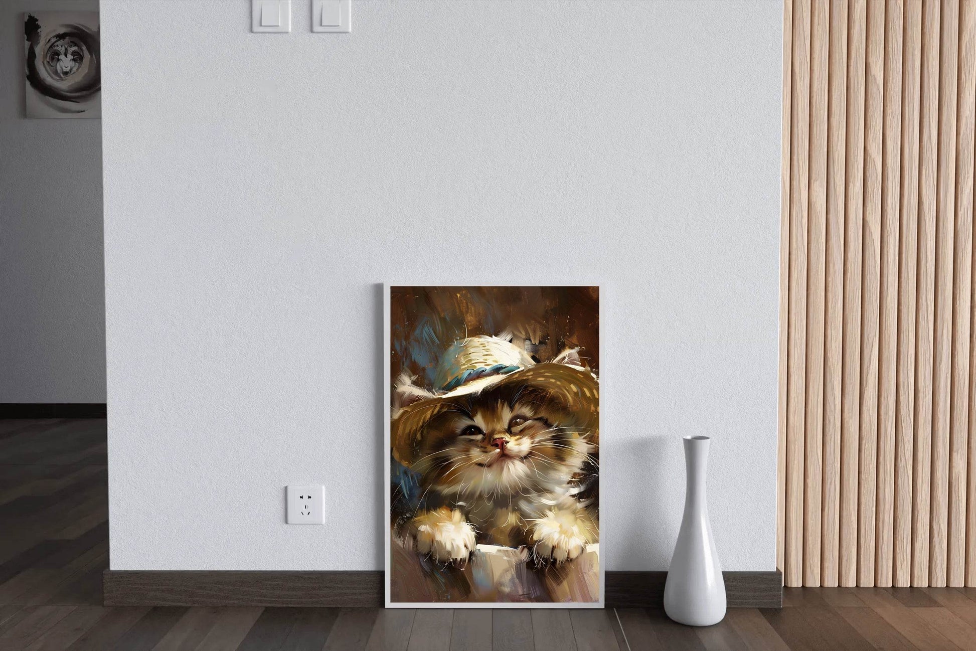 Hand Painted Painting of Smiling Cat Wearing Hat - beink online art store