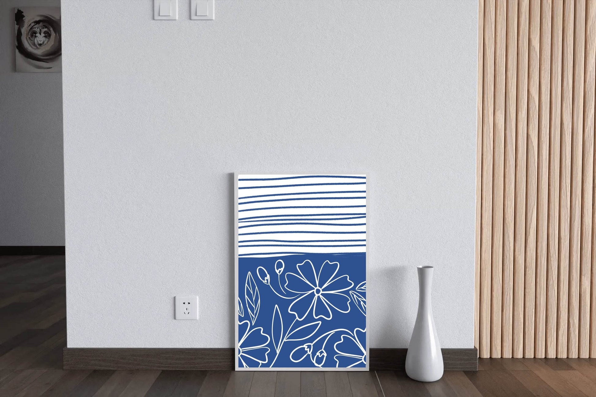 Blue and White Striped Paper With Flowers Wall Art - beink online art store