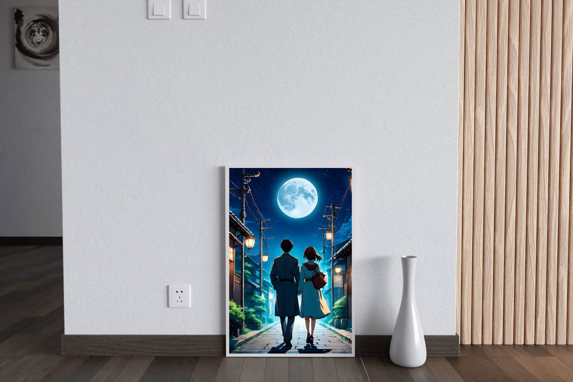 Anime scene of a Man and a Woman Walking Down Under the Moon Anime Wall Art - beink online art store