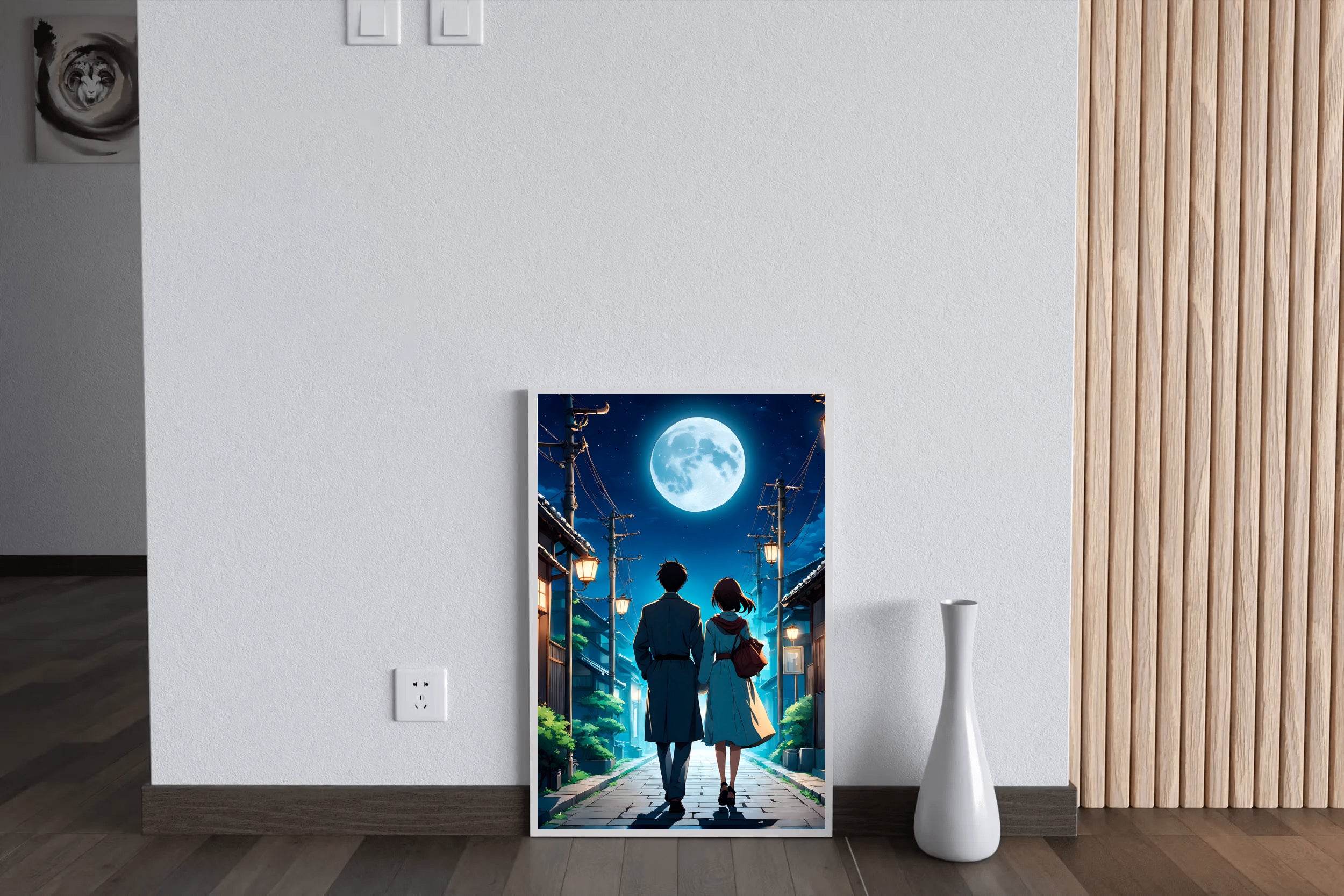 Anime scene of a Man and a Woman Walking Down Under the Moon Anime Wall Art - beink online art store