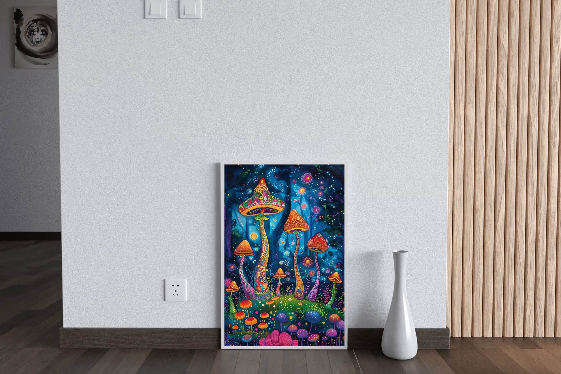 Brightly colored mushrooms and trees in a fantasy forest at night Wall Art - beink online art store