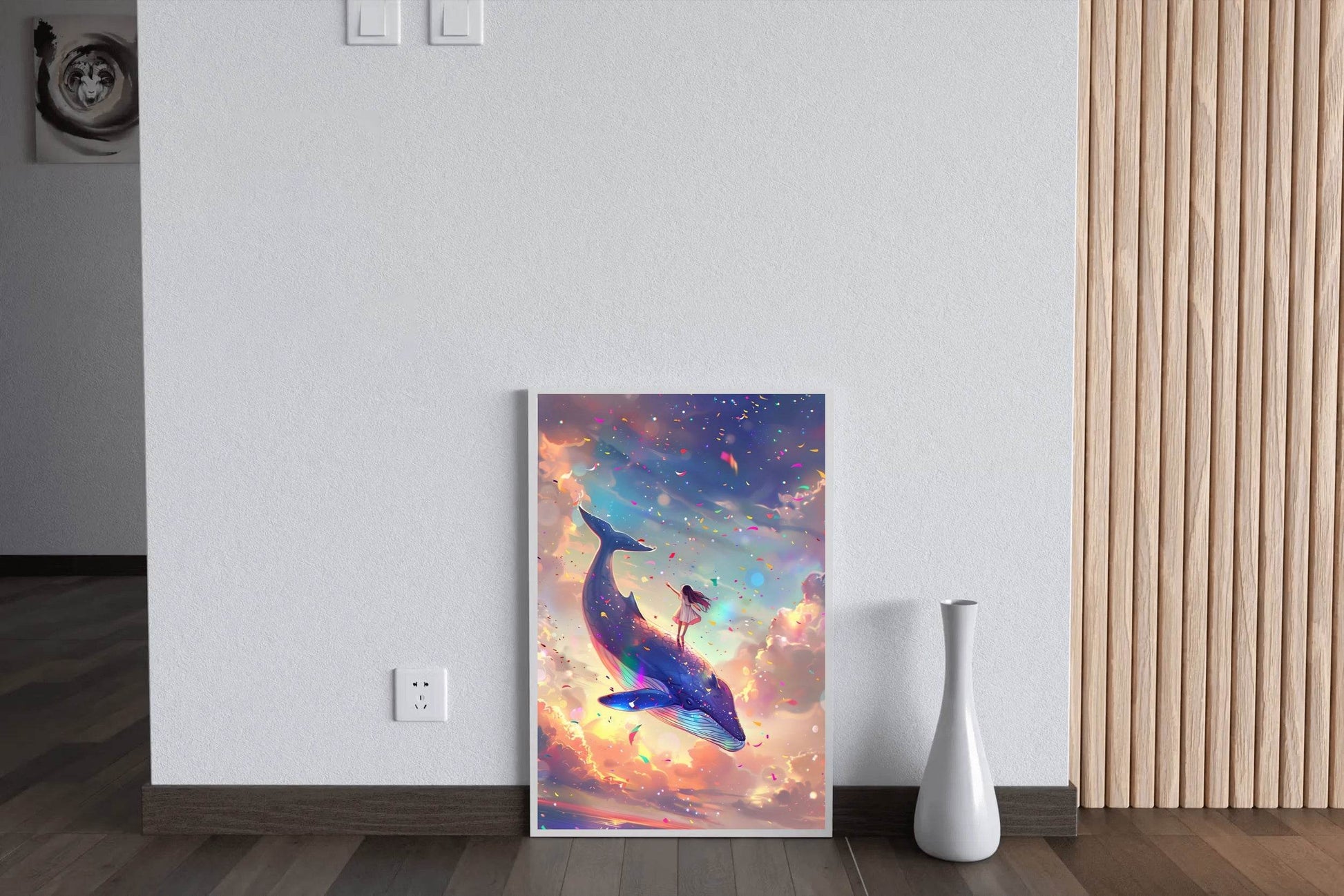 Illustration of a Girl Riding Colorful Whale - beink online art store