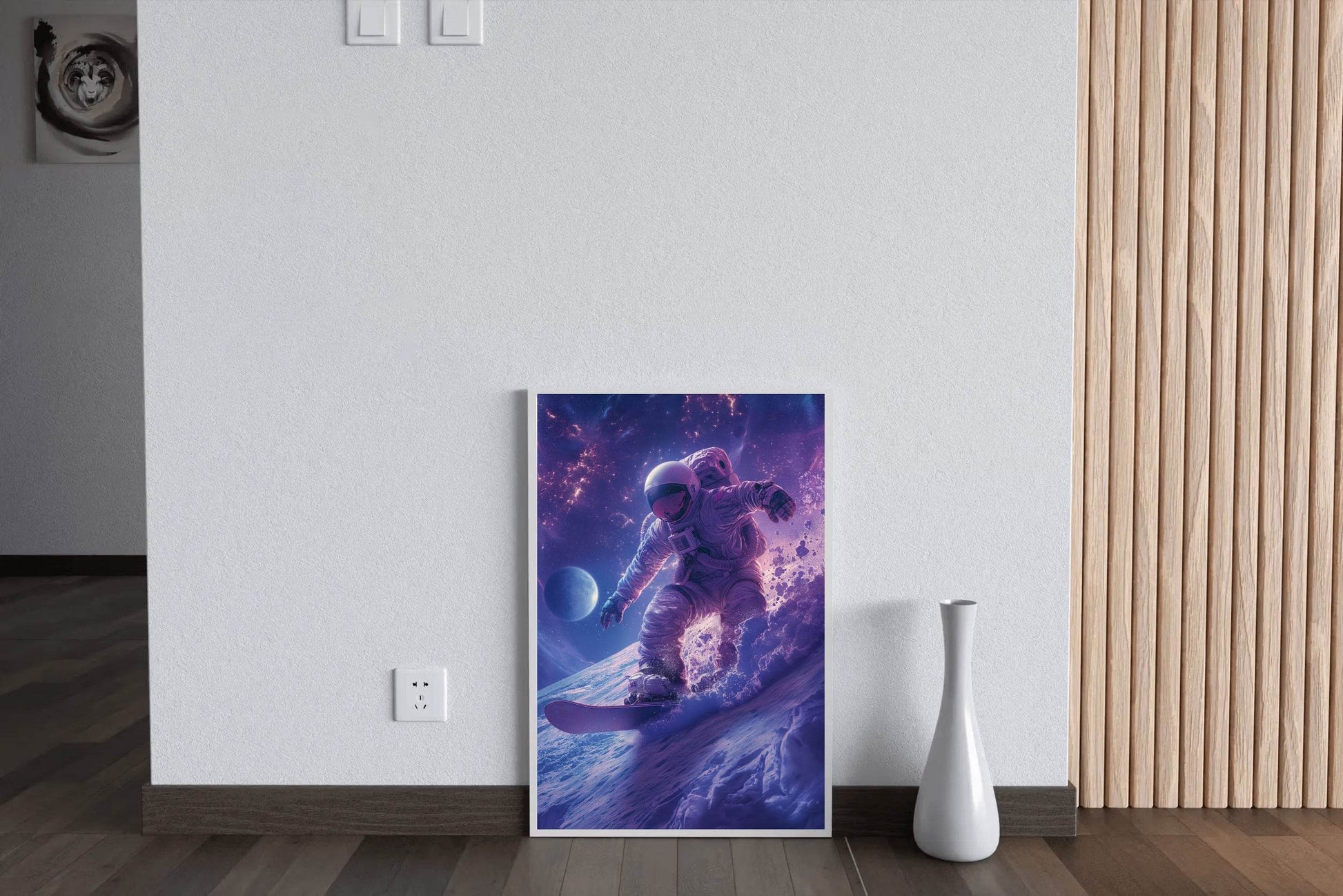Astronaut with spacesuit on practicing snowboarding on the moon Wall Art - beink online art store