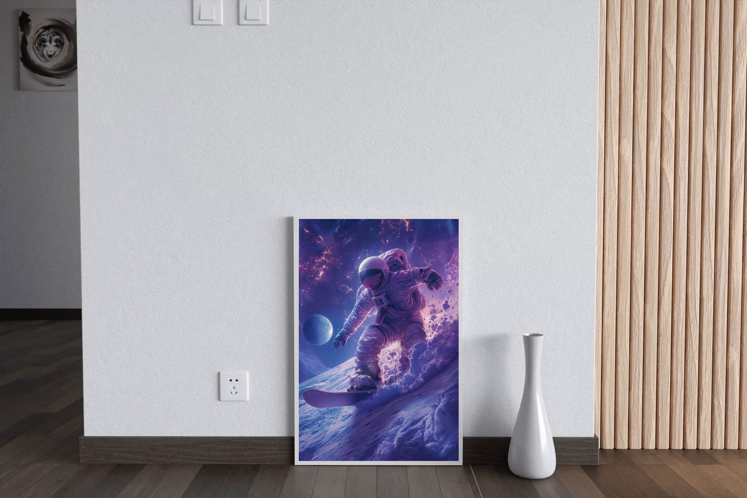 Astronaut with spacesuit on practicing snowboarding on the moon Wall Art - beink online art store