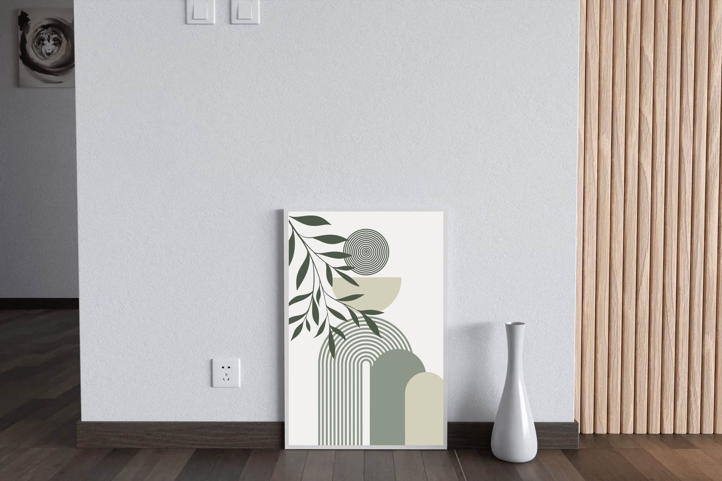 Leafy Branch a Circle Shades of Green and Beige ArtWork - beink online art store
