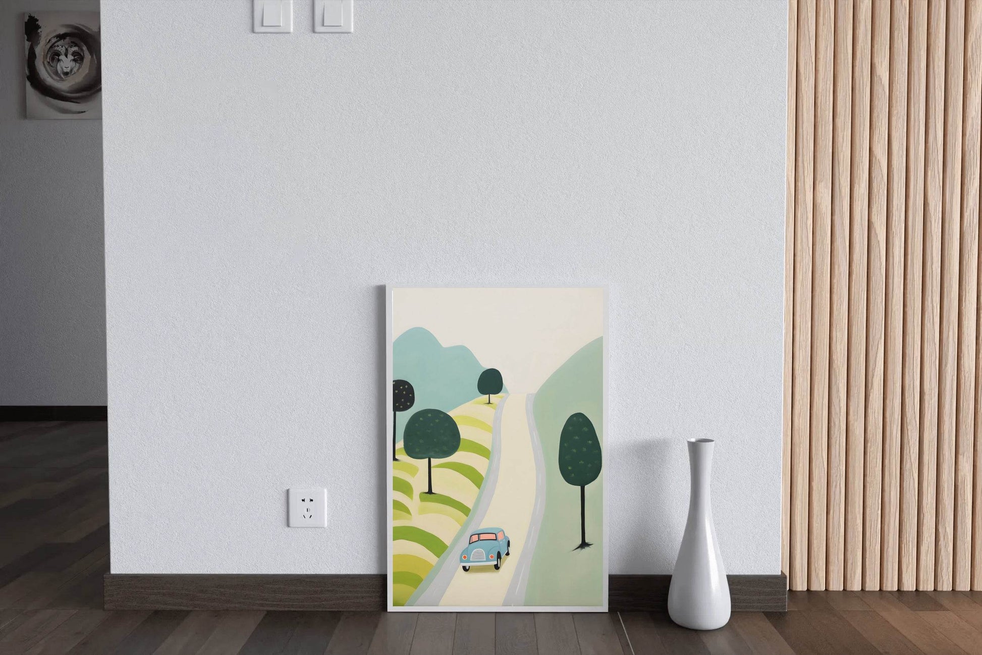Painting of Blue Car Passing Through Meadows - beink online art store