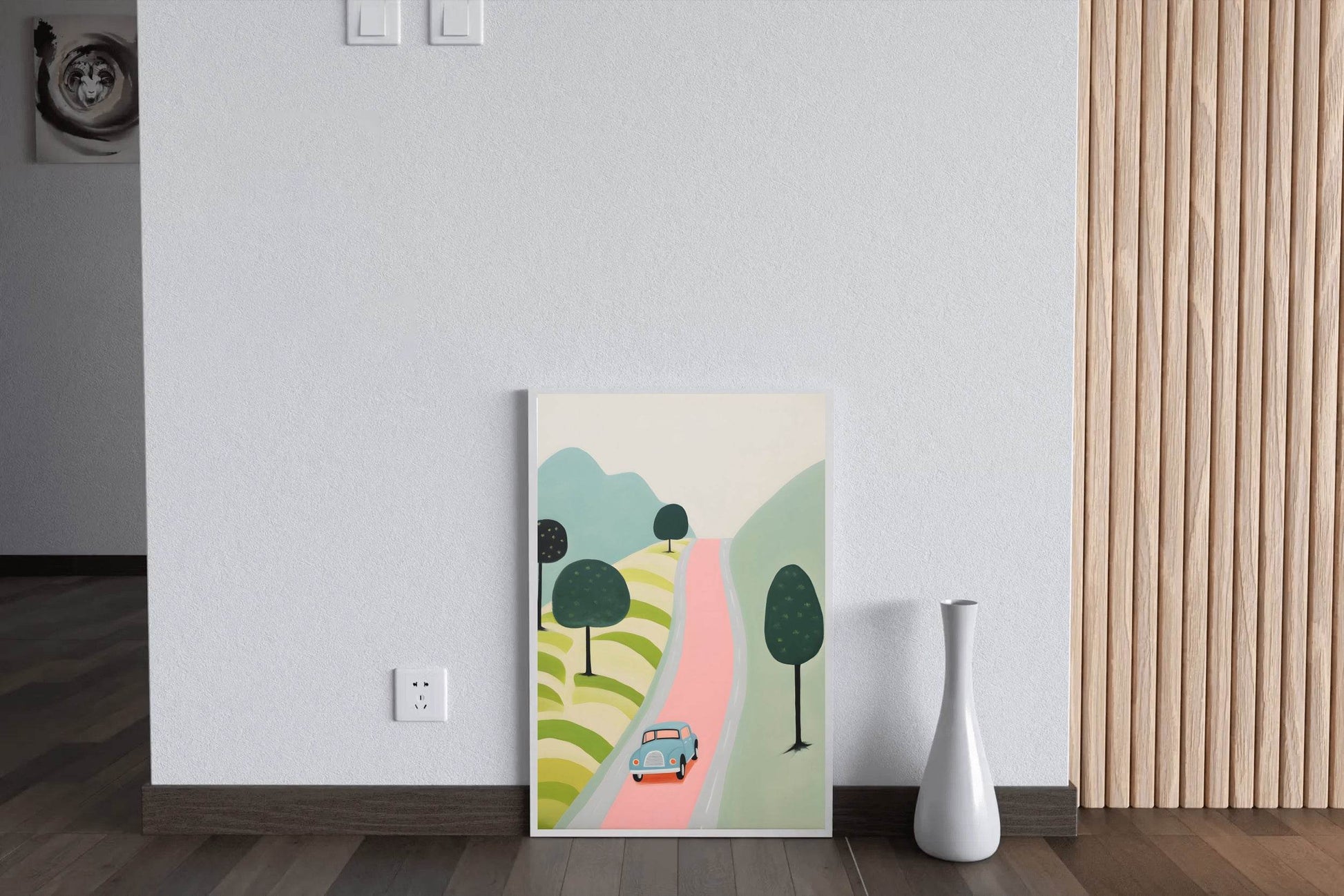 Green Car Passing From a Village - beink online art store