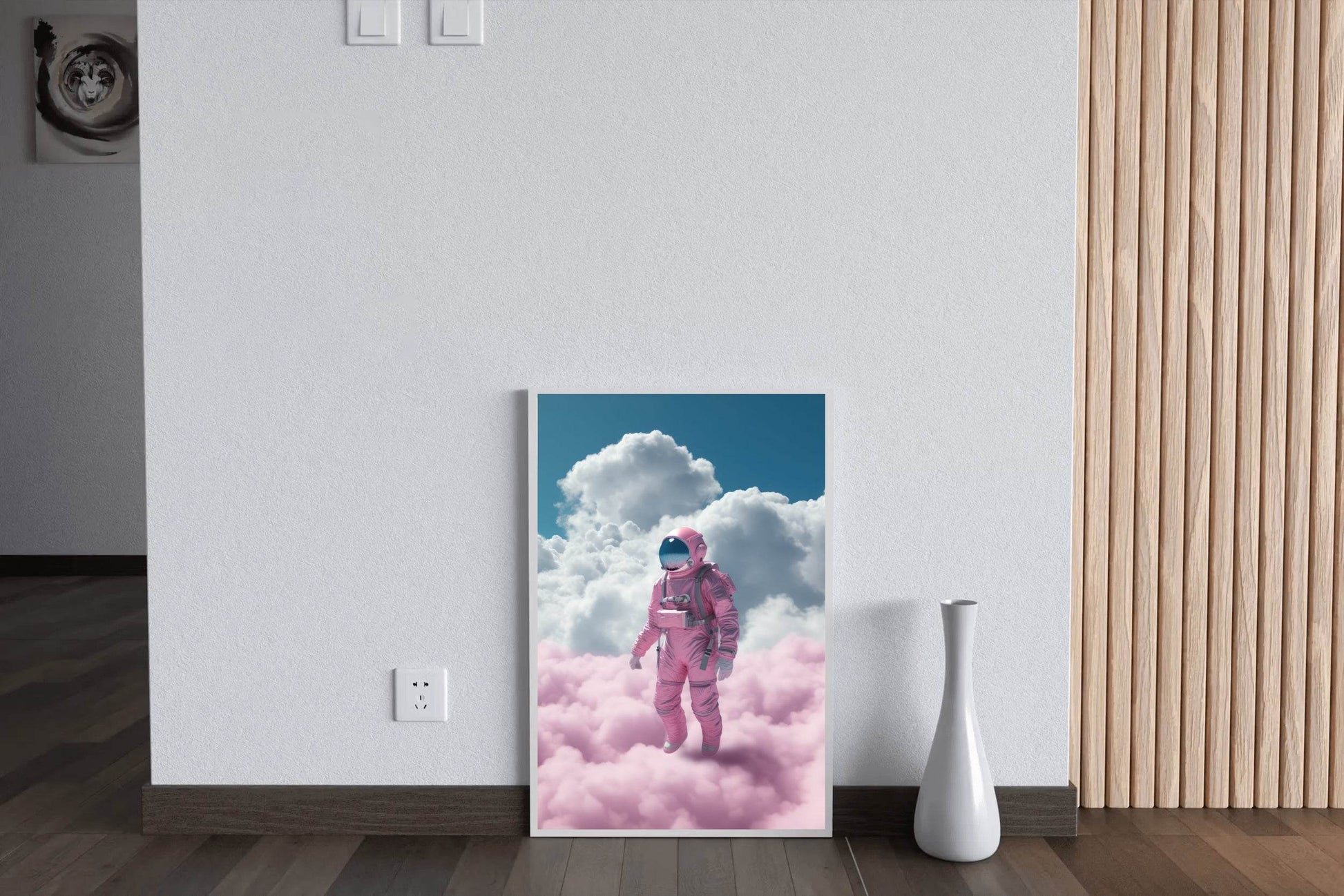 Astronaut in pink suit standing in a cloud Wall Art - beink online art store