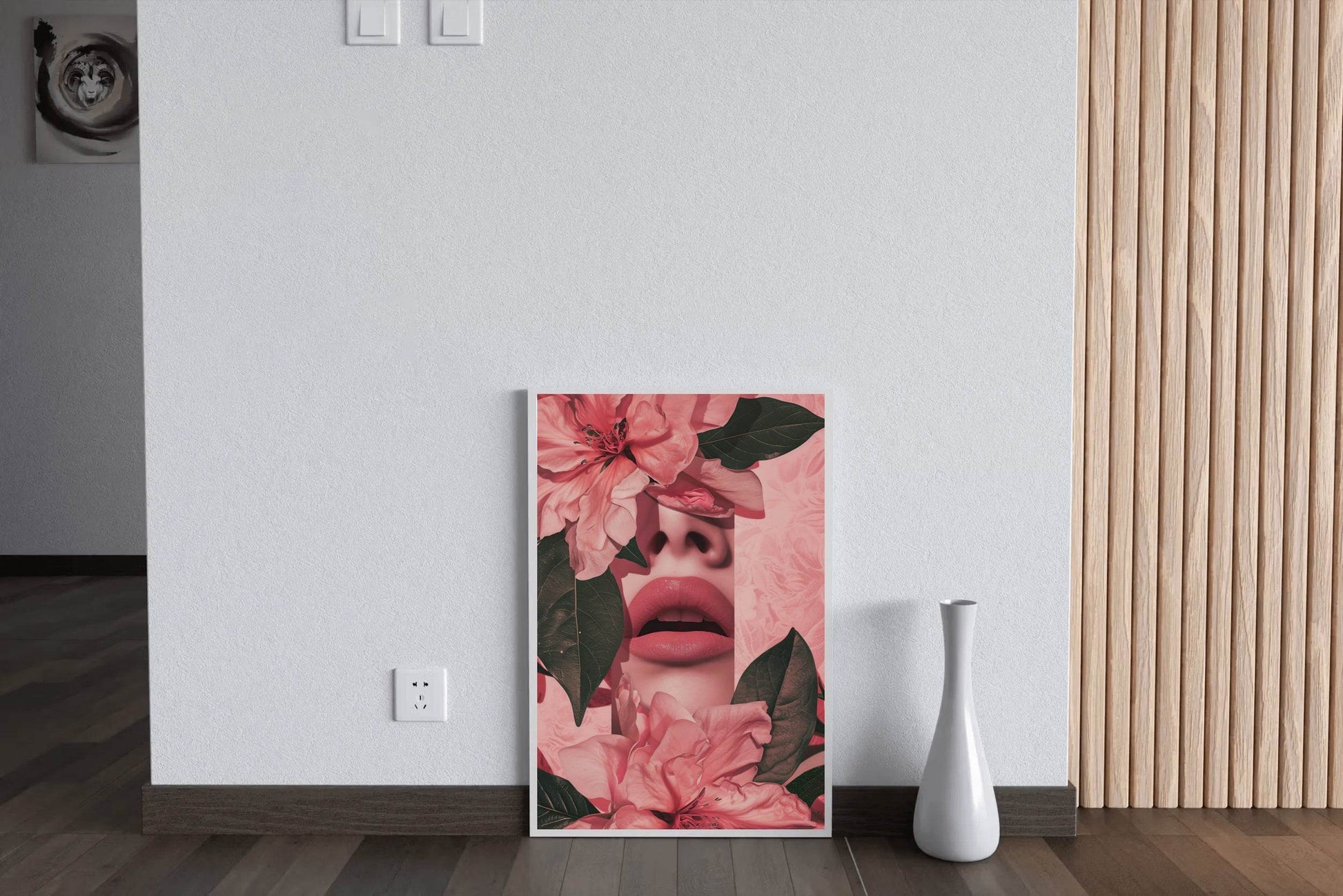 Woman's Face Partially Covered With Pink Flowers - beink online art store