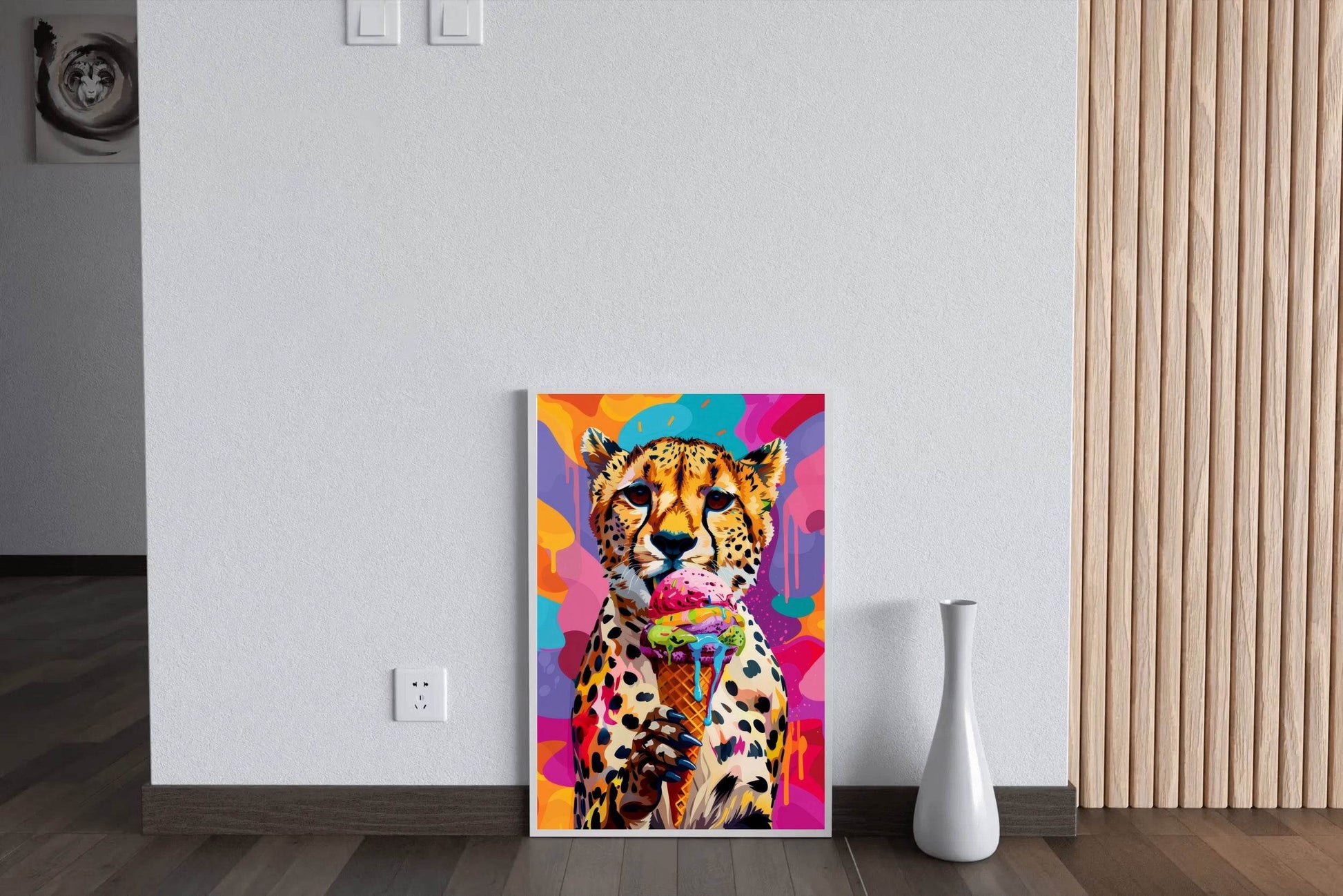 Cheetah's Colorful Background Having Ice cream Wall Art - beink online art store