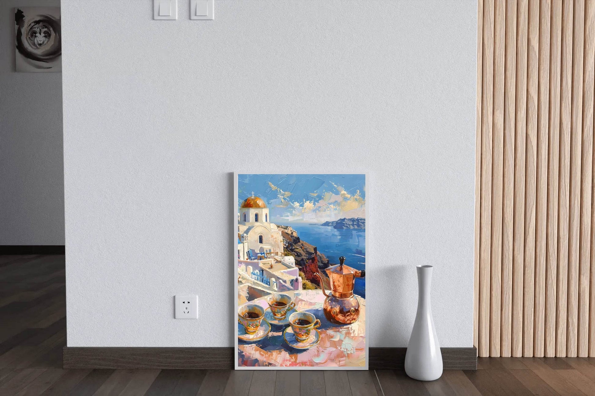 Morning Coffee with a View Greek Getaway Santorini Sunrise Wall Art - beink online art store