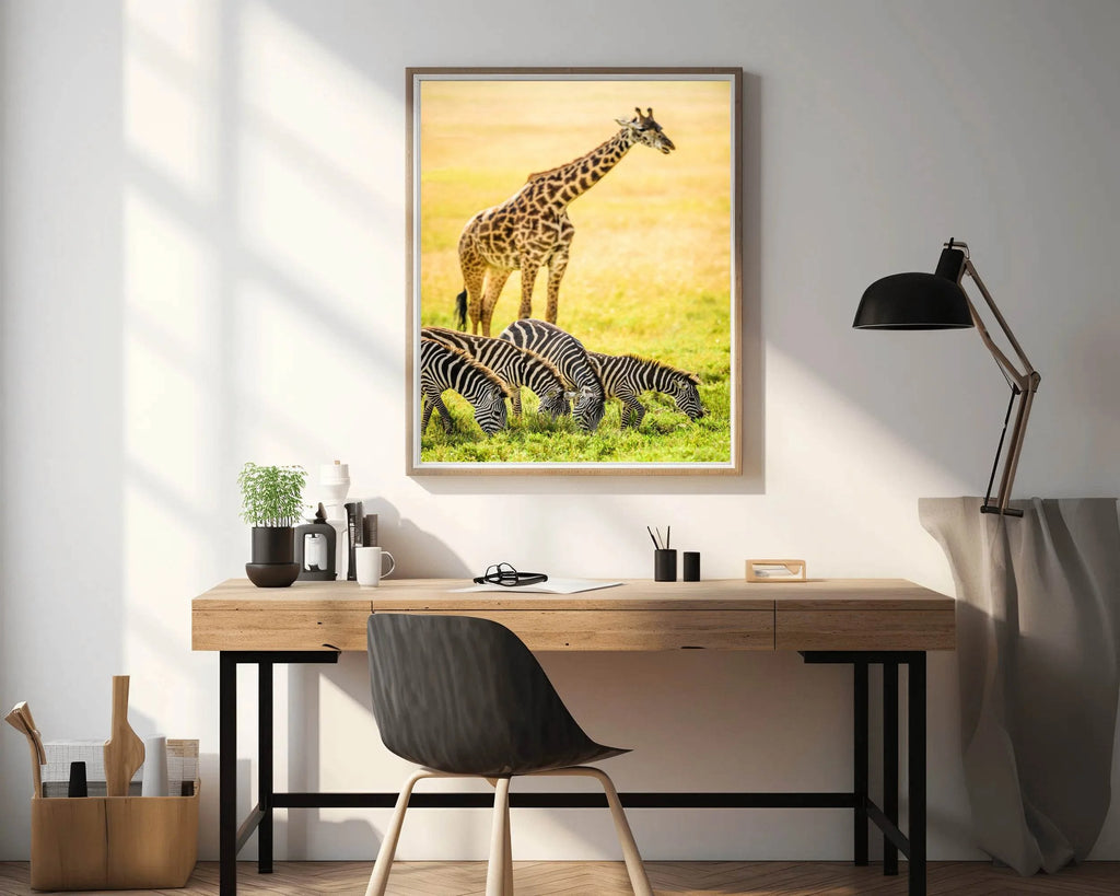 Northren Giraffe and Zebra Grazing in Savanna Wall Art - beink online art store