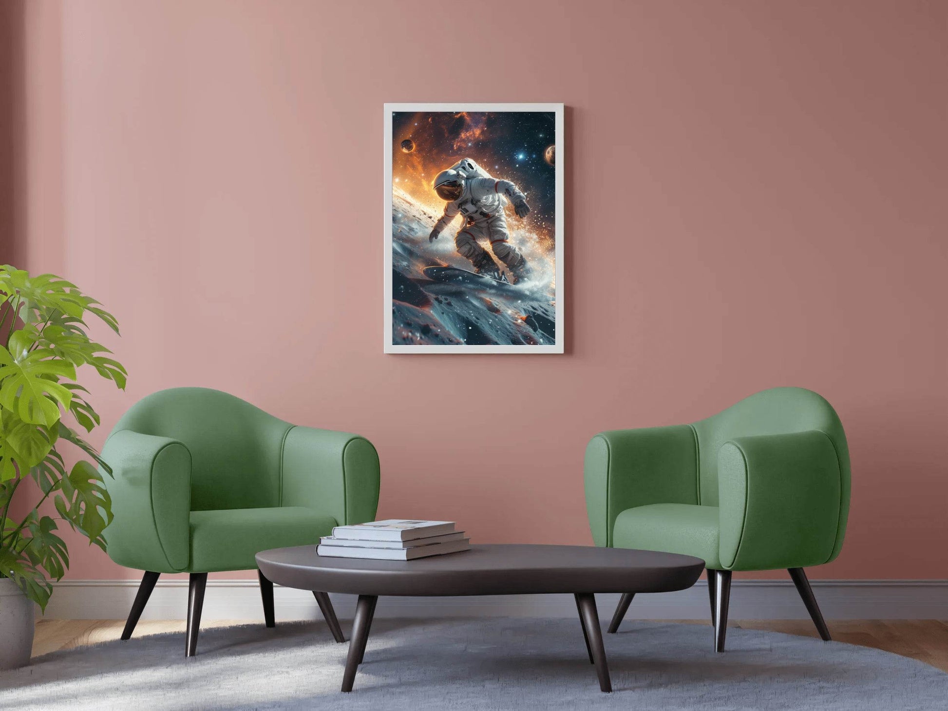 astronauts surfing on a surfboard in space with stars on planet Wall Art - beink online art store