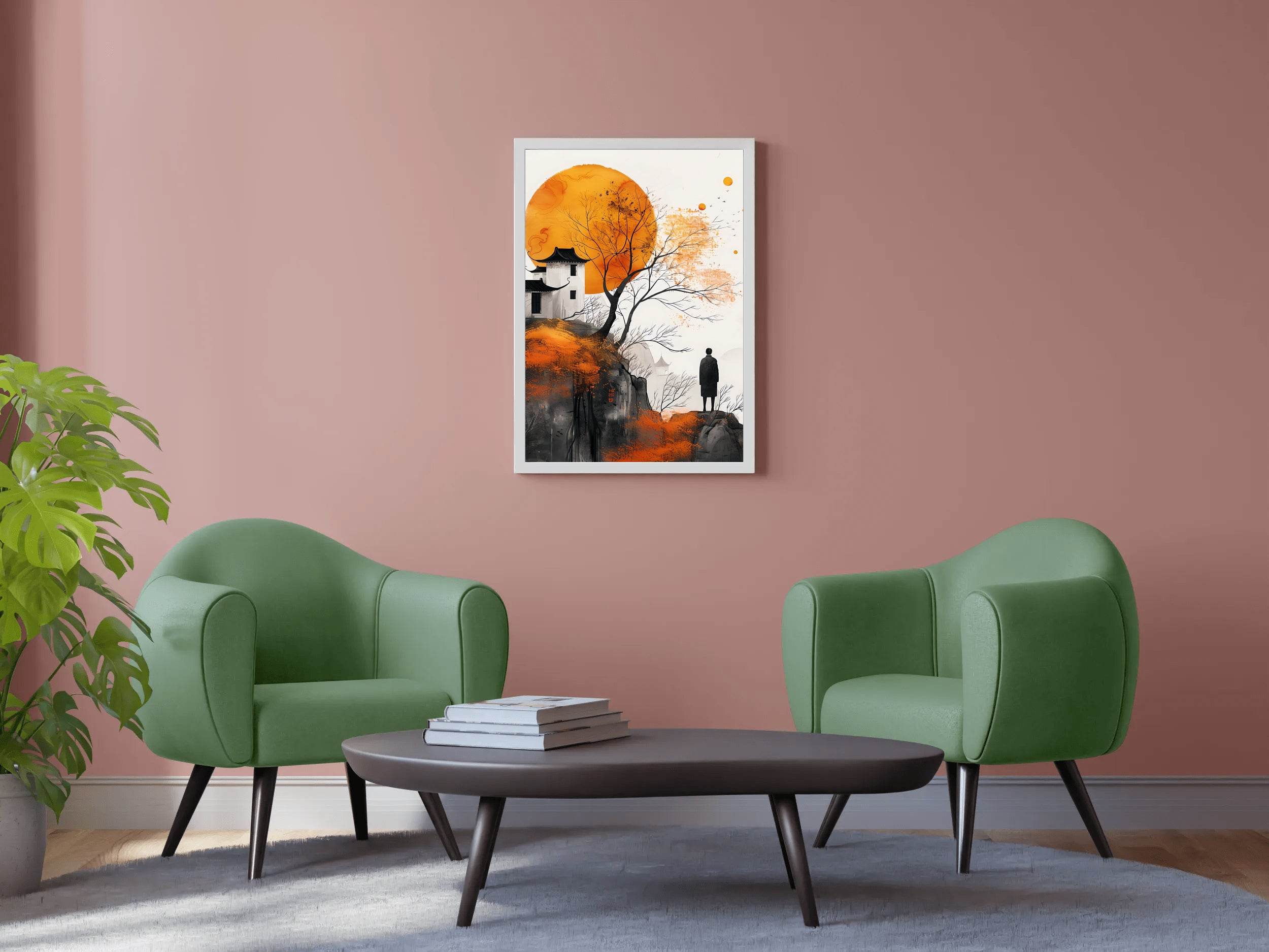 Orange Moon and Ancient House Wall Art - beink online art store