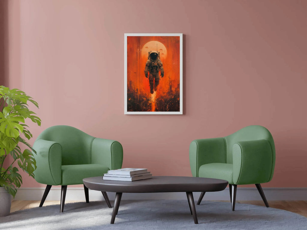An astronaut floats in outer space with red orange background wall art - beink online art store